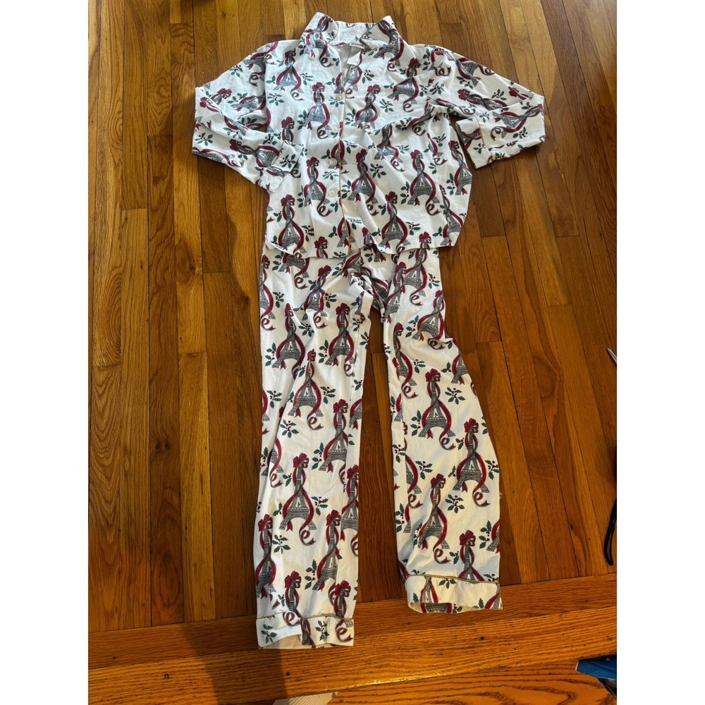 Vintage Bed Head Pajamas Eiffel Tower Bow Holly Christmas Holiday Print Set M
